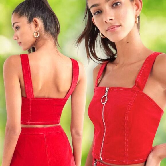 Urban Outfitters Corset Top Red Corduroy Crop Tank Top Zip Up Womens Medium - Picture 9 of 10